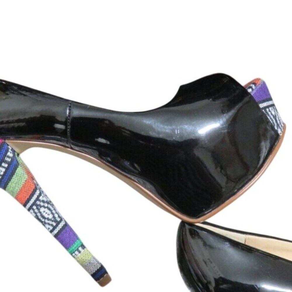 Chinese Laundry Triple Major Black Patent Leather Peep Toe Patterned Heels sz 8 - Picture 7 of 14